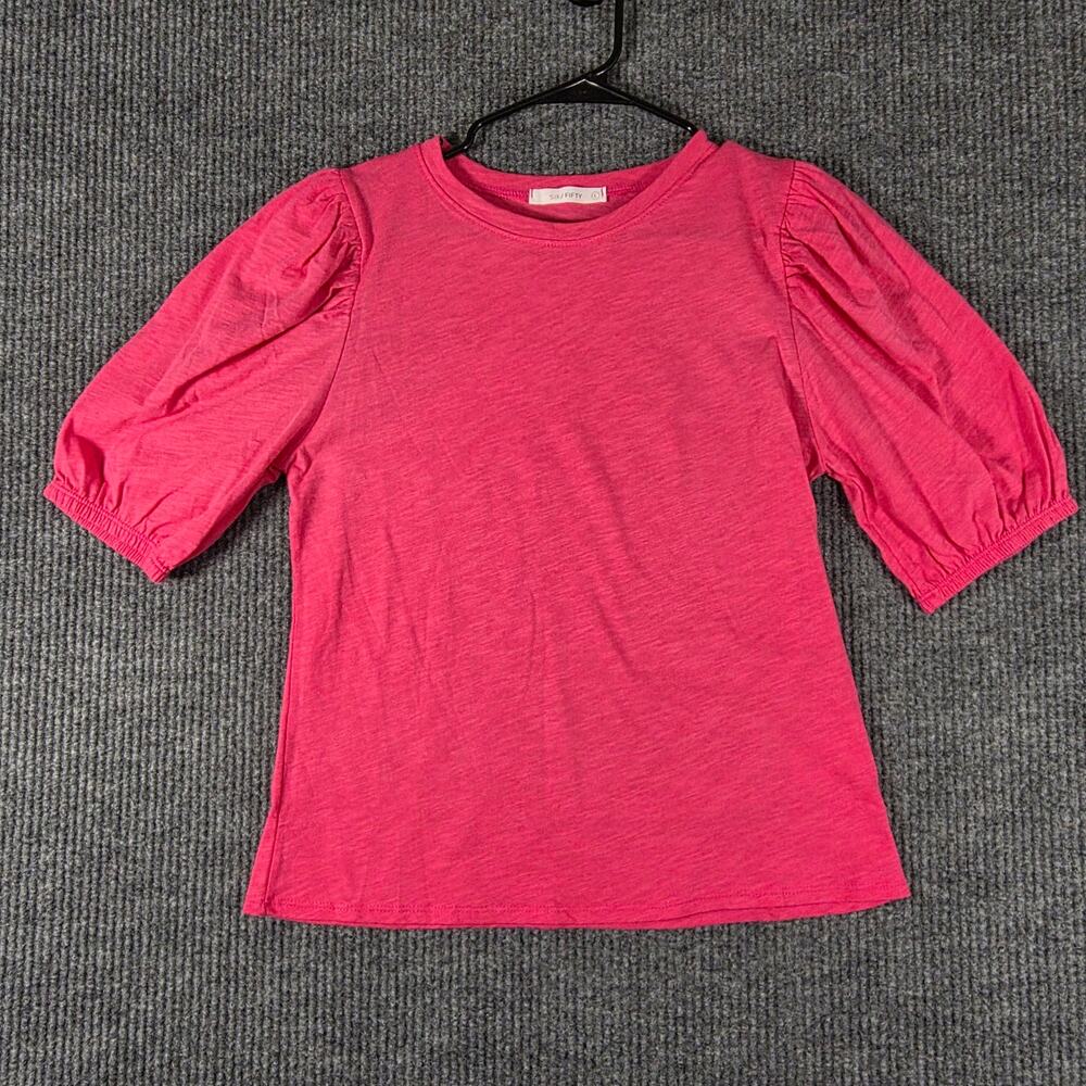 Six Fifty Women Large Pink Puff Sleeve Knit Top Short Sleeve Casual